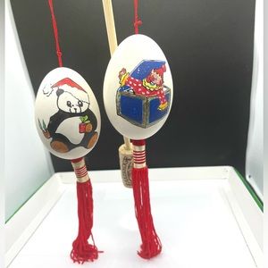 Set Of 2 - Rare Vtg Oriental Hand Painted Egg With Tassel Hanging Ornaments